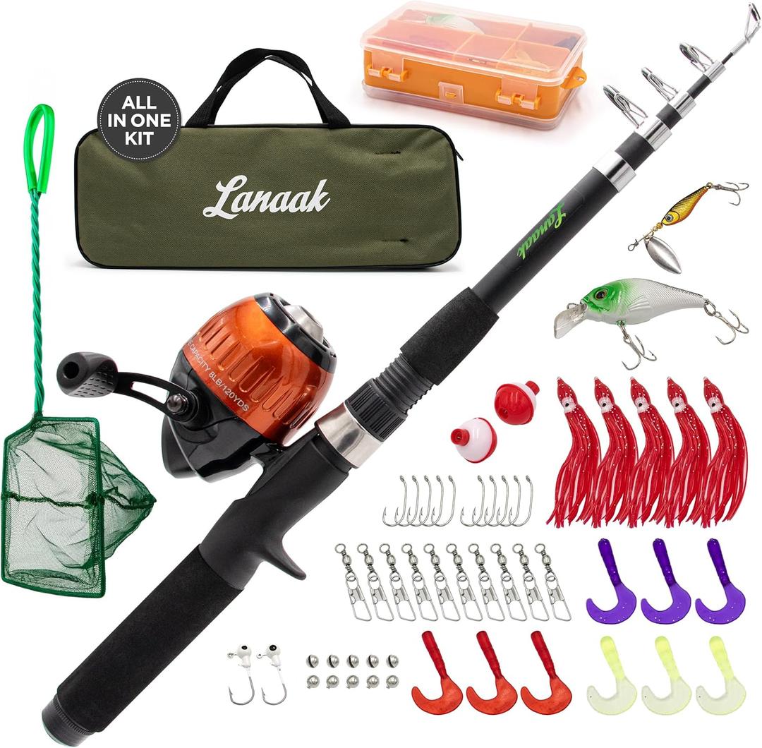 Lanaak Kids Fishing Pole, Kids Portable Telescopic Fishing Rod Set, Tackle Box and Fishing Net Combo Kit, Kids Fishing Gear for Boys and Girls Age 5-10 and Youth