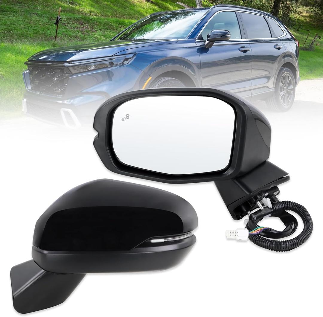 Left Driver Side Mirror Compatible With 2023-2027 Honda CRV CR-V With Power Glass Manual Folding Heated Turn Signal Blind Spot Black Replace#76258-3A0-A91(8Pins)