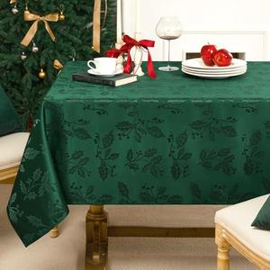 Softalker Christmas Jacquard Tablecloth - Waterproof Winter Vintage Damask Rectangle Table Cloth, Xmas Holly Polyester Fabric Table Cover Decor for Holiday, Dining, Party - Green 60 x 120 Inch