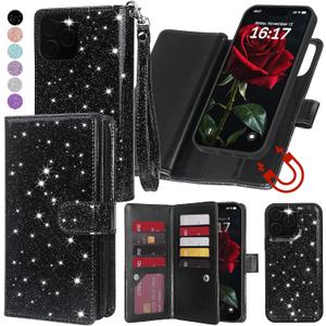 Varikke for iPhone 14 Pro Max Wallet Case Detachable with Card Holder for Women, Fashion Glitter PU Leather Strap Magnetic Flip Wallet Removable Phone Case Cover for iPhone 14 Pro Max 6.7", Black