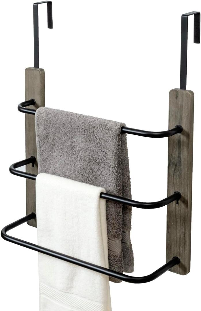 MyGift Modern Over The Door Towel Rack in Vintage Gray Solid Wood and 3 Tier Matte Black Metal Bars, Space Saving Bathroom Storage Drying Towels Hanger