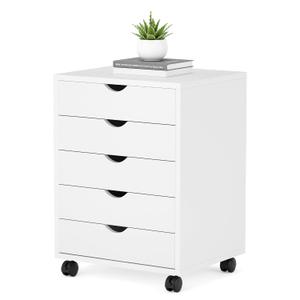 5 Drawer Mobile File Cabinet Under Desk Storage Organization with Wheels Vertical Filing Chest Rolling Wood Small Desk Printer Stand for Home Office, White