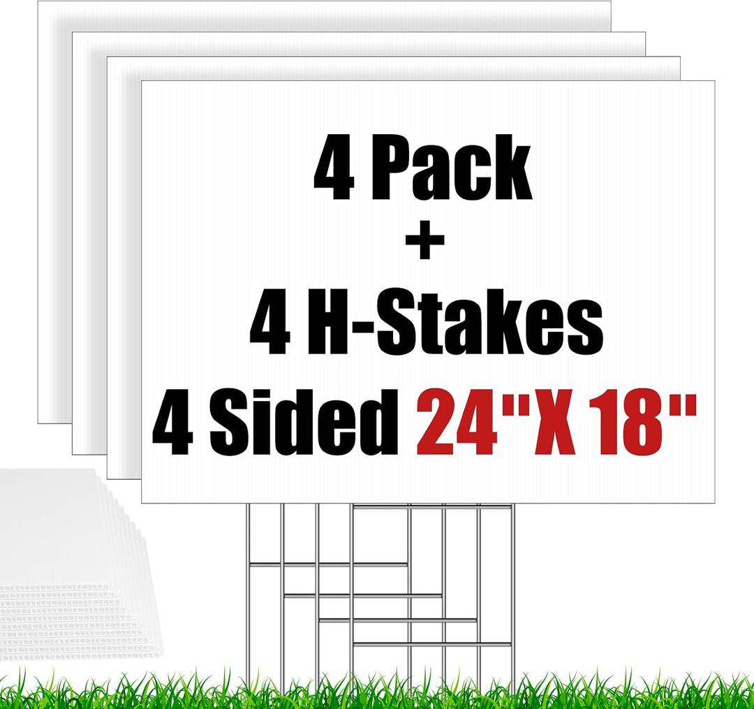 4 Pack Blank Yard Signs with Stakes 24 X 18inch, IKAYAS 18 x 24" Large Size White Garden Yard Signs Yard Sale Signs Corrugated Plastic Signs for Party Decorations, Garage Sale, Guidepost, Open House