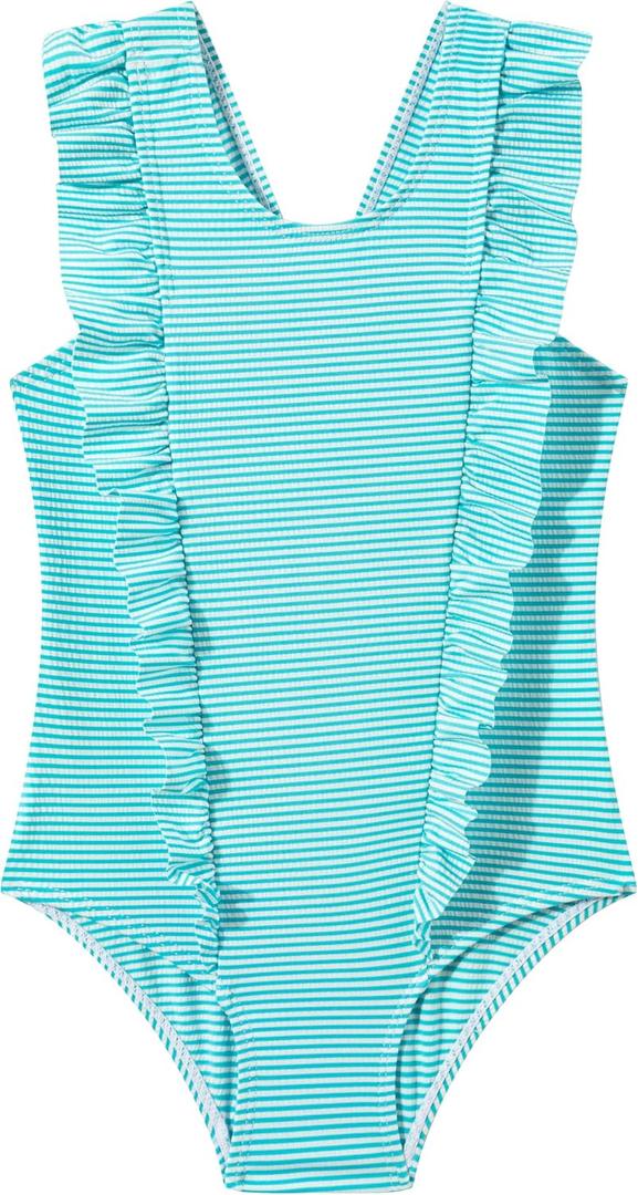 LIZENS Girls One Piece Swimsuit Cute Striped Bathing Suit for Girls(VC719G04,9-10T) Light Blue