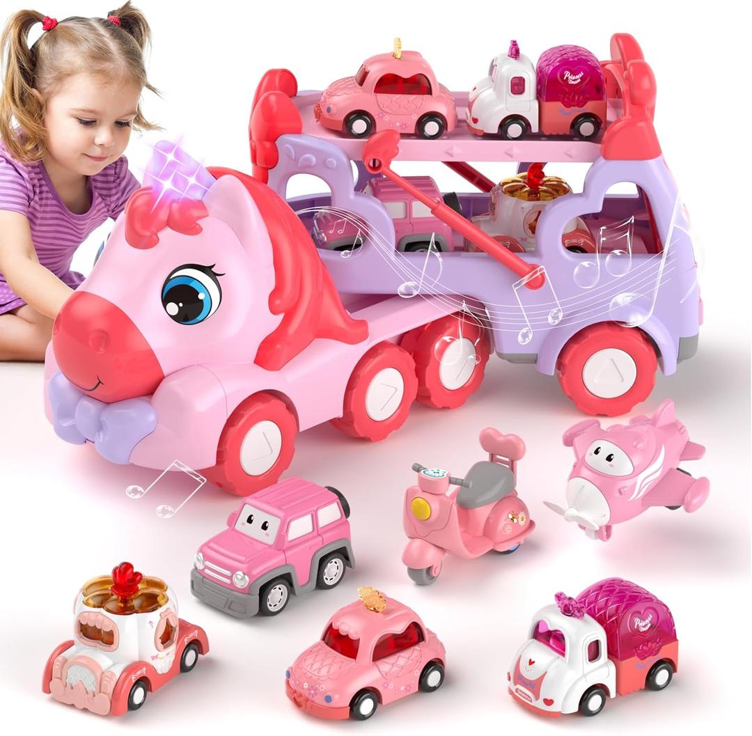 7 in 1 Carrier Truck Toys for 1 2 3 Year Old Girl Birthday Gifts, Princess Toddler Toys Age 1-3 2-4, Toddler Girl Car Toys with Light & Music, Toy Car for Girls