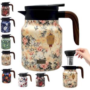 Vintage Floral Pattern Tea Pots – Built-in Infuser, Vintage Floral Teapot with Built In Infuser Stainless Steel Thermal Carafe with Lid for Hot Drinks, Pink(Wooden handle, 35oz)