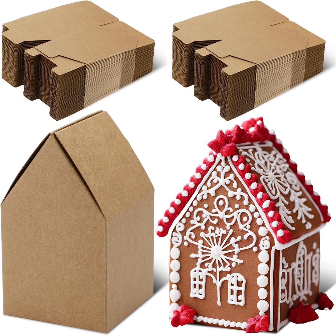 Cholemy 50 Pack Christmas Gingerbread House Box Kit DIY Crafts Cookie House Shaped Cardboard Boxes DIY Build Gingerbread Houses Crafts Supplies for Xmas Holiday Party Supplies(Brown)