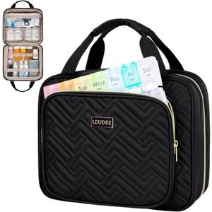 Leudes Travel Pill Bottle Organizer,Medicine Organizer and Storage,Home Medication Bag, Cases,Carrier for Pills,Vitamin,Fish Oil,Supplements for Women and Men (Large, Black)