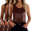 3 Pack Women's Silk Tank Tops Satin Camisole Sleeveless Work Undershirt Dressy Scoop Neck Shirt Lady Sateen Blouse (Black, Champagne, Dark Coffee)