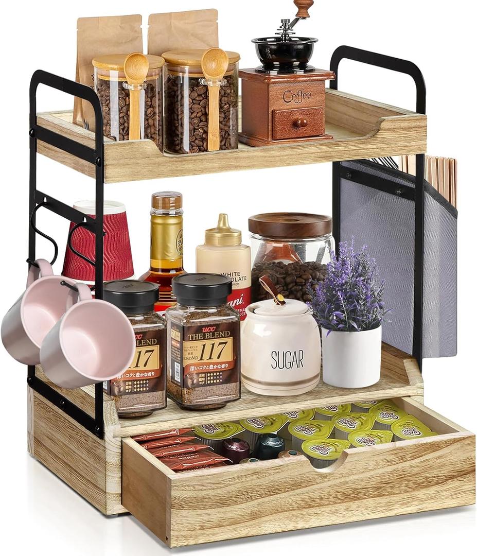 Wooden Coffee Bar Organizer - 2-Tier Station with Pod Holder, Syrup Snack Organizer and Hooks (Brown)