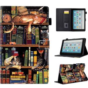 Case for Fire HD 10 Tablet (9th/7th/5th Generation, 2019/2017/2015 Release), PU Leather Folio Stand Cover Case for Fire HD 10 9th Generation/7th Generation, Auto Sleep Wake - Bookshelf Cat