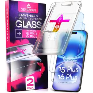 Screen Protector compatible with iPhone 15 Plus / 16 Plus (2Pack), Easy Auto-Align Install Kit, 6.7" Tempered Glass, 9H Hardness, Ultra HD Clear, Case Friendly, EasyShield