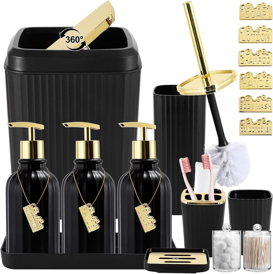 17PCS Bathroom Accessories Bathroom Set Black Bathroom Accessories,Toilet Brush, Trash Can, Qtip Holder Dispenser& 3PCS Soap Dispenser
