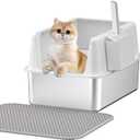 Stainless Steel Cat Litter Box with Lid,XL,19.7L x 13.8W x 11.8H Deep,Metal Litter Box with High Side,for Small and Large Cats,with a Scoop and Scoop Storage Box Litter Mat Double,Easy Cleaning (White 4 pcs gifts(11.8 deep))