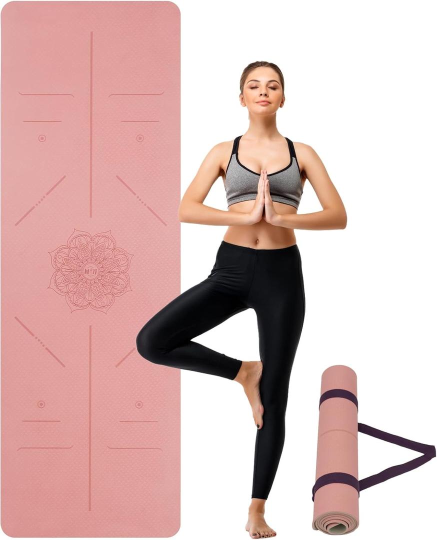 Yoga Mat Non Slip, Anti-Tear 3/16 Thick TPE Yoga Mats for Women and Men, 72"x24" Exercise & Fitness Mat with Carrying Strap, Workout Mats for Yoga, Pilates and Floor Exercise (Pink)