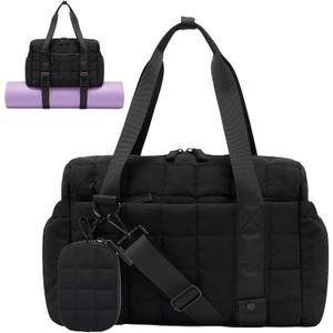 Small Gym Bag for Women, Puffy Sports Duffel Bag with Yoga Mat Holder, Gym Tote Bag with Wet Pocket & Coin Wallet, Carry on Bag for Workout Dance Pilates Ballet Swimming Travel (Black)