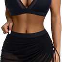 SUUKSESS Womens Swim Skirt High Waisted Modest Mesh Curvy wimsuits Sexy V Neck Sarong Wraps Bathing Suits(Black,XL)