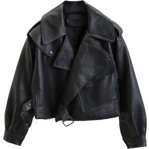 LY VAREY LIN Women Black Faux Leather Jackets Casual Short Oversized Coat Asymmetrical Motor Biker Jacket (Medium)