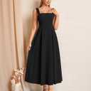 KUTUMAI Bow Tie Floral Corset Midi Dress Flowy Summer Tea Party Wedding Guest Dresses for Women Sundress with Pockets (Black)
