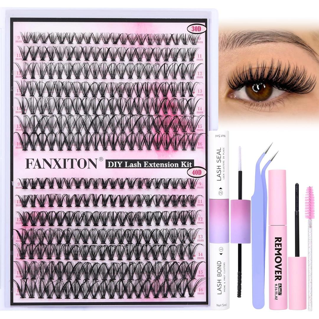 DIY Lash Extension Kit Natural Lash Clusters 30D+40D Mix 9-16 mm D lndividual Lashes Lash Remover 280 pcs Wispy Eyelash Extension Kit with Lash Bond and Seal and Lash Tweezers by FANXITON