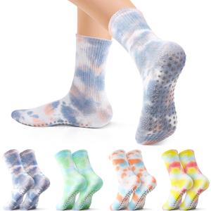 Jspupifip 4 Pairs Women Tie Dye Yoga Socks with Grips Non Slip Grip Crew Socks Colorful Grippy Socks for Pilates Barre Home (One Size, Blue, Green, Yellow, Gray)