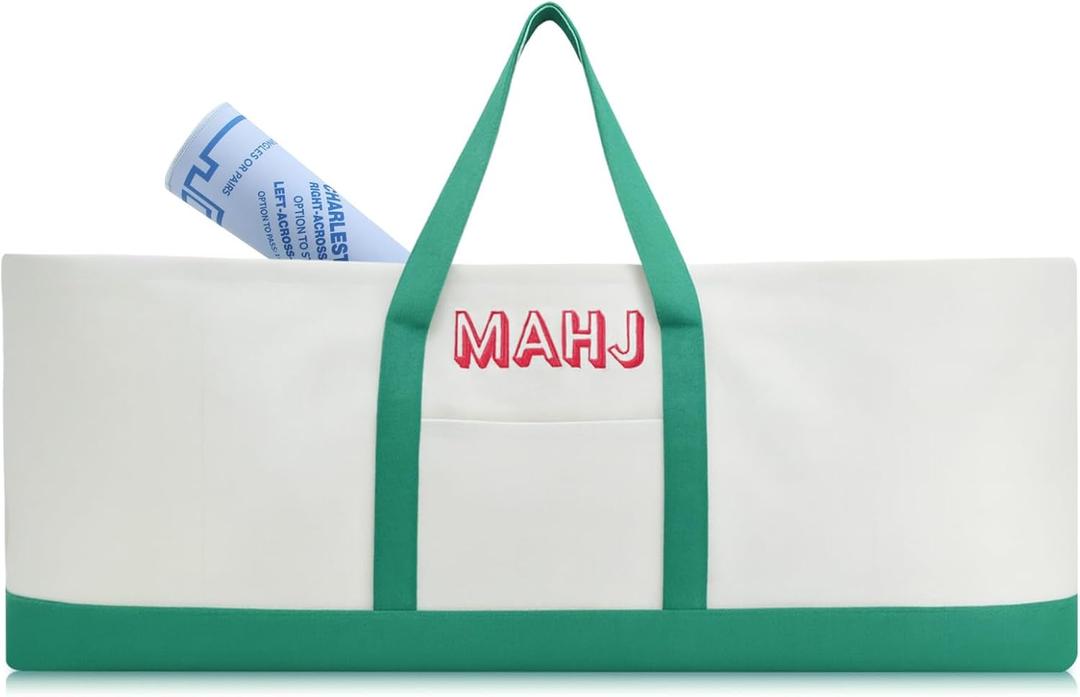Mahjong Bag for Tiles and Racks Empty American Mahjong Tiles Carrying Tote 31.5 x 12 x 4 Inches Canvas Tile Games Accessories Gifts for Card Pushers Rack Mat Carrying (Case Only)(Green)