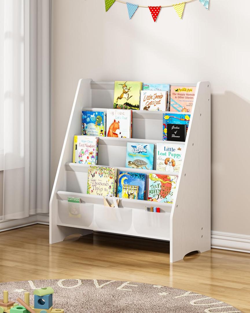 SEIRIONE Sturdy Kids Bookshelf, 4-Tier Book Shelf for Kids Room with Oxford Fabric-Nursery Room Playroom Classroom, Deep Slings to Keep Books Upright, Ideal Height for Toddler Age 3+, Matte White