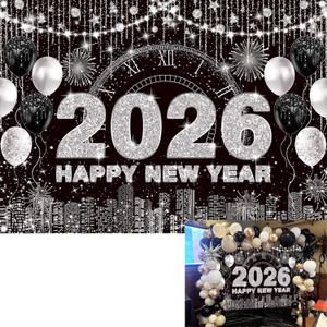 BINQOO 2026 New Year Eve Backdrop Black Happy New Year Photo Background City Night Scene Countdown Cheer to 2026 Party Decorations Banner Booth Props (Black, 7x5FT(82 x 59 inch))