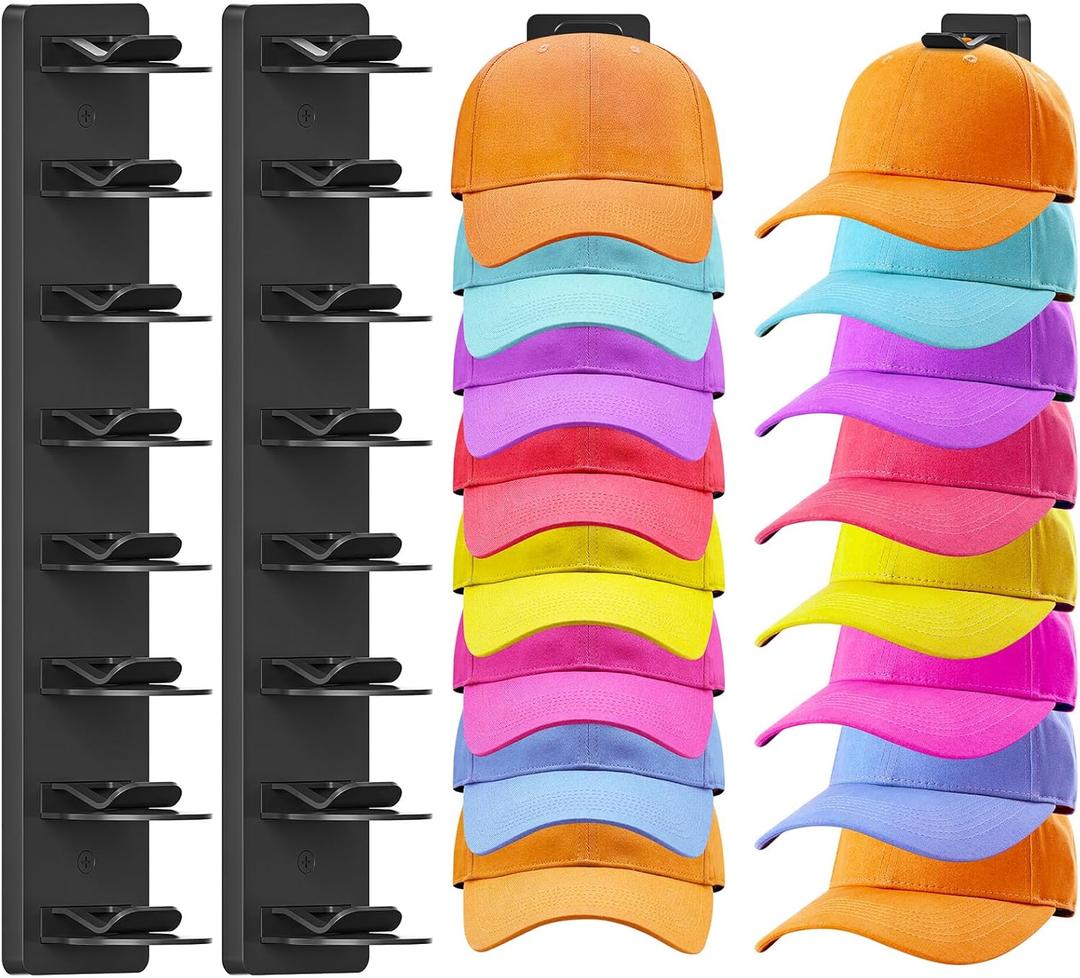 2 Pack Hat Organizer for Baseball Caps, Hat Rack for Wall, Strong Adhesive & Screw-in Cap Holder Hats Hangers for Closet Door & Bedroom