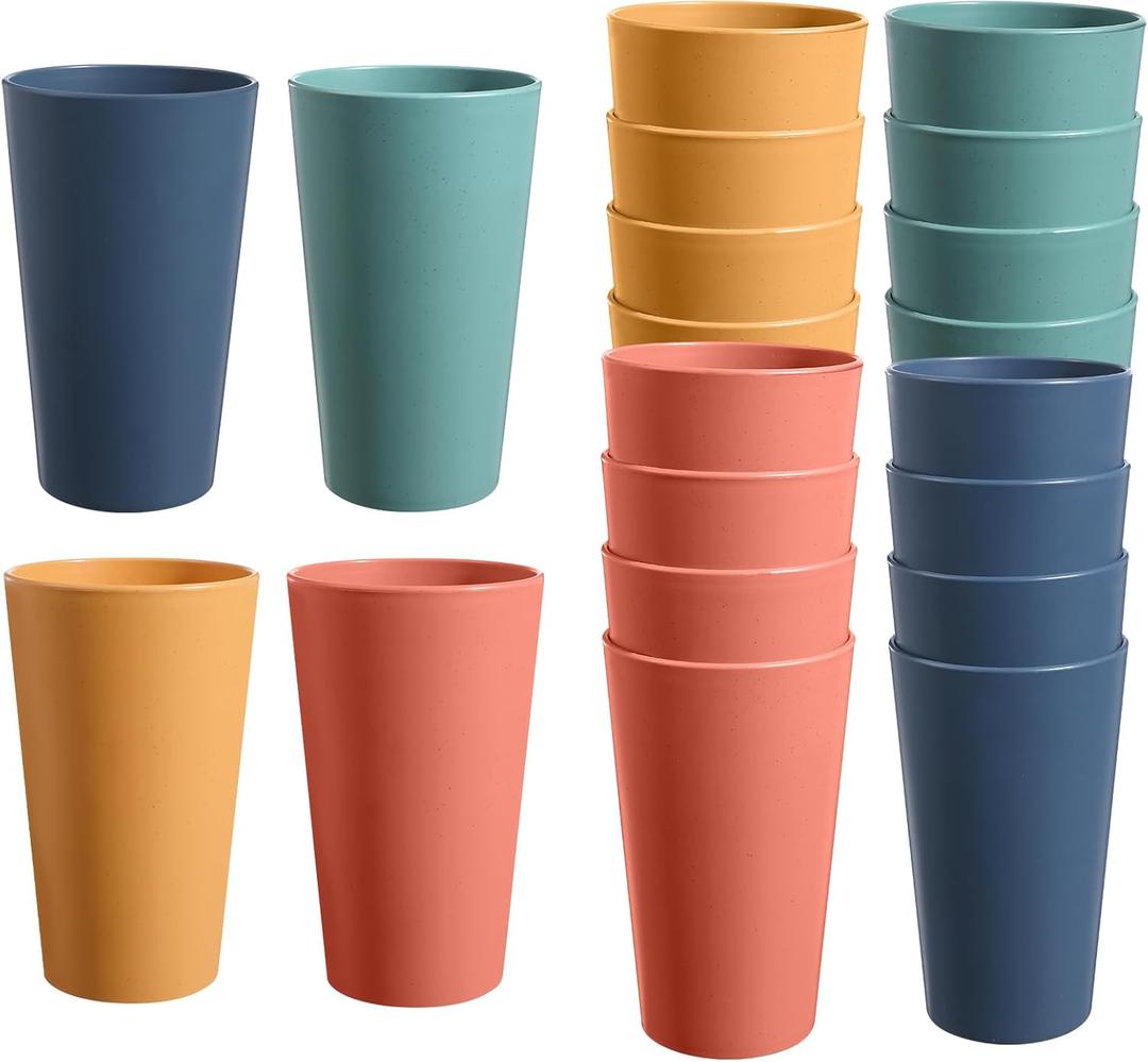 HEYCOME Set of 16 Wheat Straw Cups, 16 Pcs 20 oz Unbreakable Drinking Cups, Reusable Plastic Cups Sets, Water Glasses Tumblers, Microwave & Dishwasher Safe, Bpa Free, 4 Colors