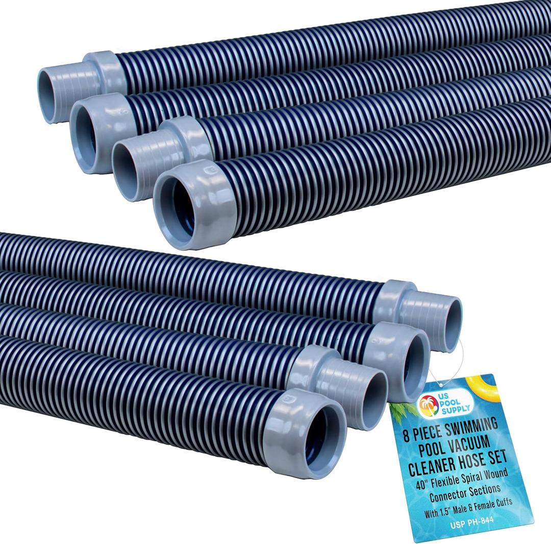 U.S. Pool Supply Pool Vacuum Hose, 8 Piece Pool Hose Set - 40" Blue Flexible Spiral Wound Connector Sections with 1.5" Male & Female Cuff Ends, Replacement Fits Most Inground Automatic Cleaner Brands (Gray)