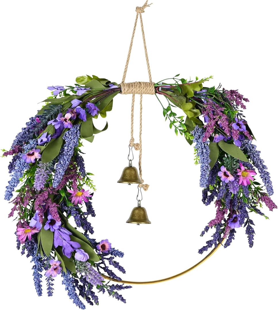 Lavender Wreaths for Front Door, Spring Wreaths Purple Daisy Flower Wreath with Green Leaves, Artificial Spring Summer Hoop Wreath for Door, Porch, Window Wall Farmhouse Outdoor Indoor Dcor