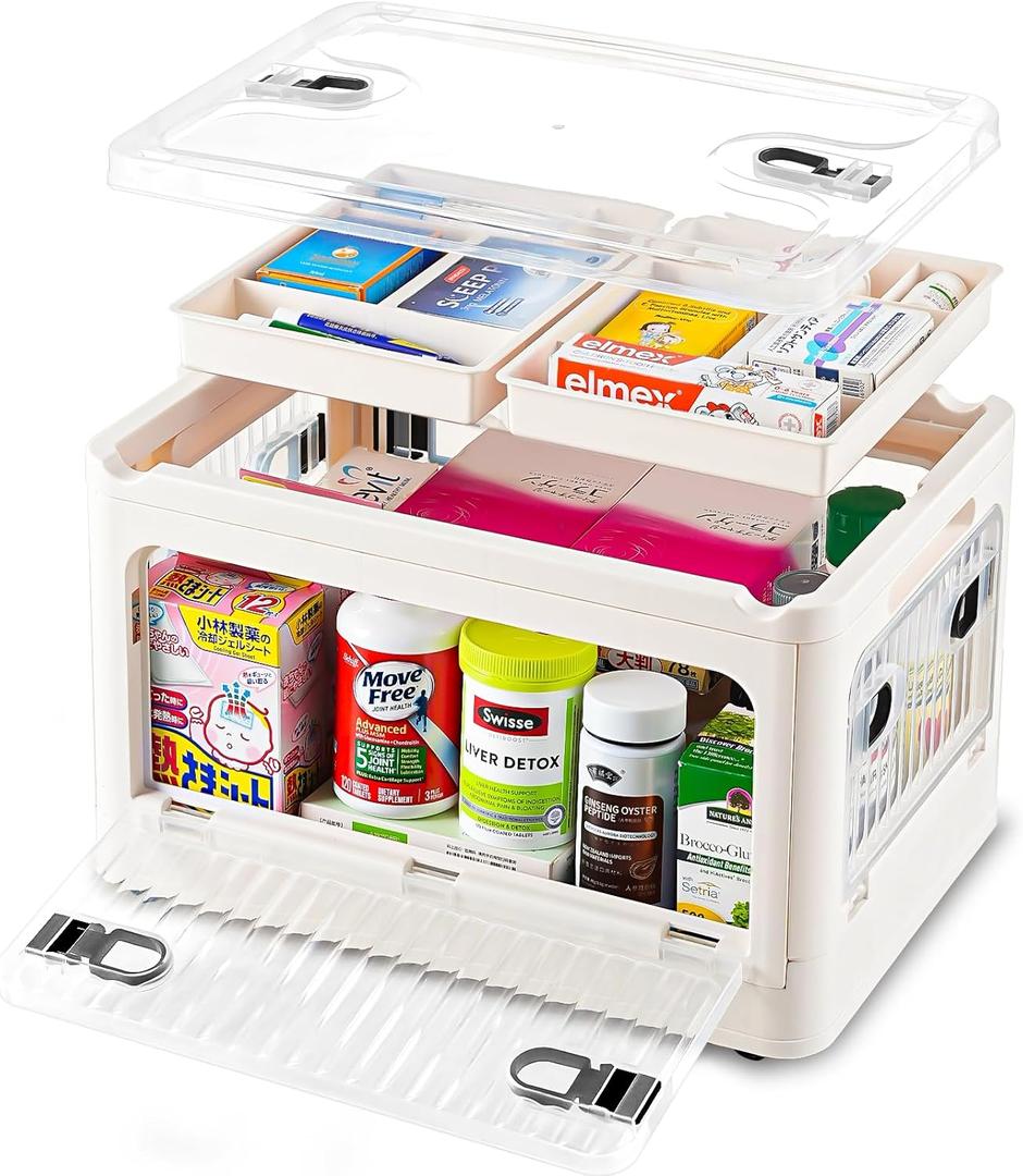 24 QT Medicine Organizer - Extra Large Medicine Storage Box,Empty First Aid Kit Portable Medical Supply Organizer with Removable Tray, Multipurpose Clear Medicine Cabinet Organizer with Wheels