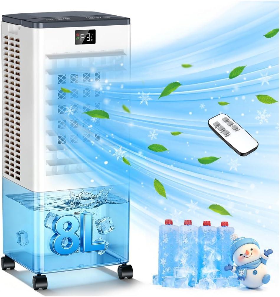 Portable Air Conditioners,3-in-1 Evaporative Air Cooler,4 Modes 3 Speeds Blow Cold Air, 120Oscillation, LED Display, 12H Timer, Windowless Portable AC w/ 8L Tank & Remote for Home Bedroom Office