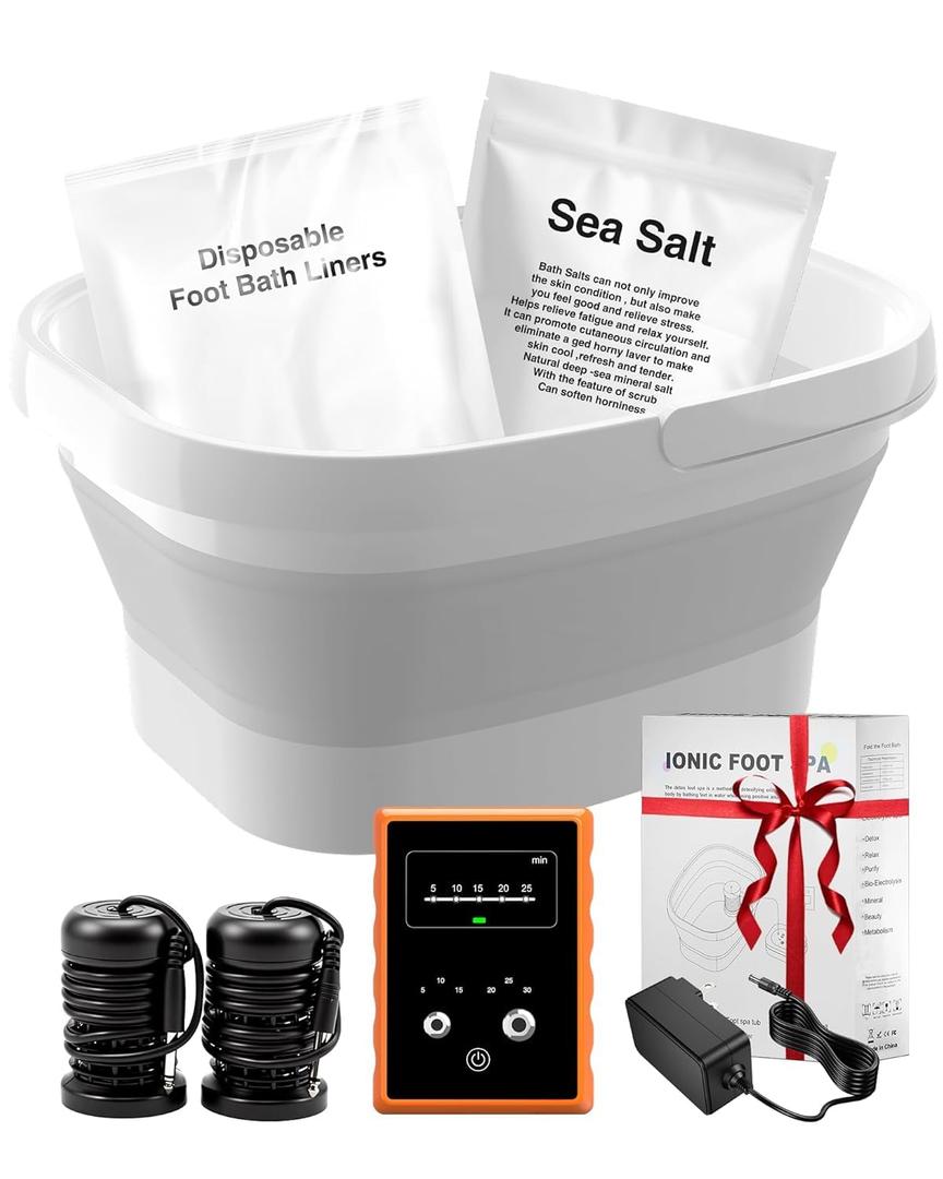 Ionic Foot Bath Detox Machine,Foot Detox Foot Bath Soak Tub with 2 Arrays,80 Disposable Foot Bath Liners,Detox Sea Salt,Folding Foot Spa Bucket,Home Salon-Level Foot Soaking Tub
