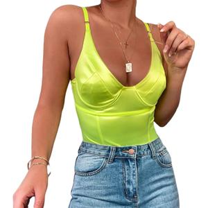 Velius Women's Sexy Metallic Shiny Bodysuit Tank Tops for Night Club Going Out (Large, Neon Yellow)