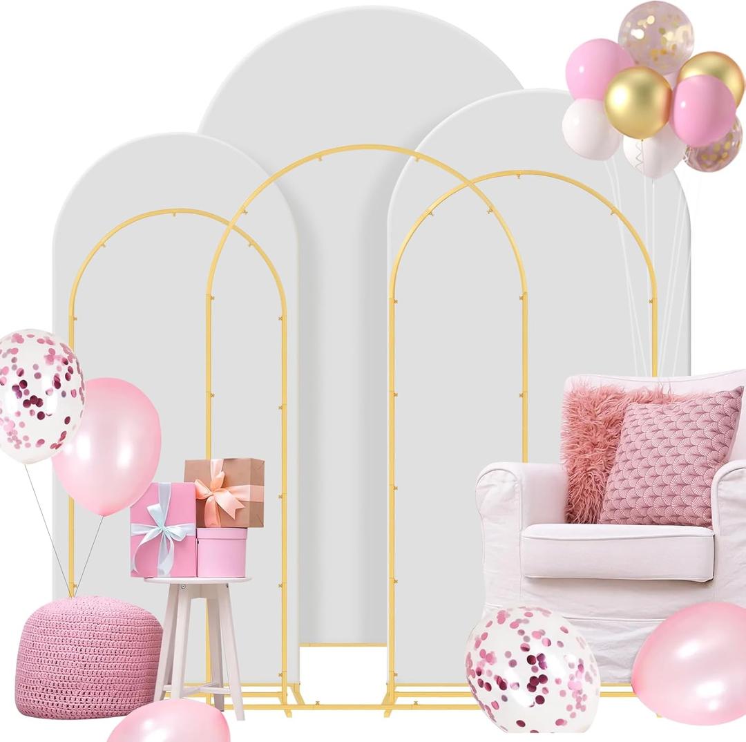 Gawicpy Wedding Arch Backdrop Stand Set Metal Arch Backdrop Stand with Wedding Arch Cover, Wedding Balloon Arch Backdrop Stand for Birthday, Baby Shower, Anniversary (White, 5.9FT+6.6FT+7.2FT)