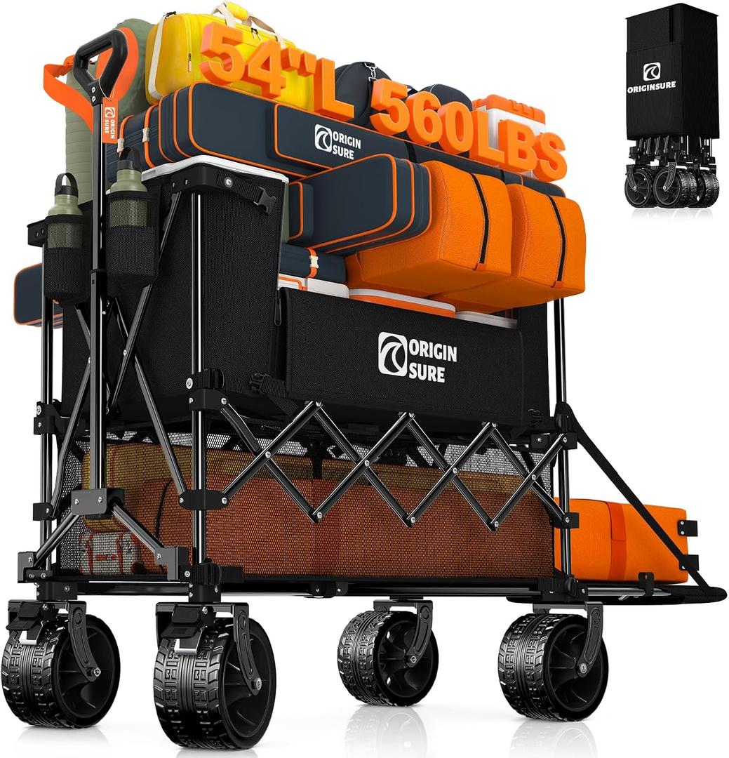 400L Double Decker Wagon Collapsible with 54" L Tailgate, 560lbs Heavy Duty Wagons Carts Foldable, Extra Large Folding Beach Wagon with Big All-Terrain Wheels for Camping, Sports, Groceries, Black