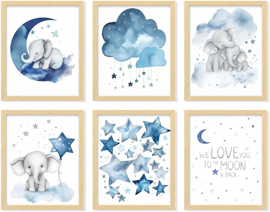 97 DECOR FRAMED Baby Girl Elephant Nursery Decor - Baby Boy Room Decorations for Nursery Wall Decor, Blue Moon and Stars Nursery Art Prints, Cute Elephant Poster Animal Picture for Bedroom (BEIGE FRAME)