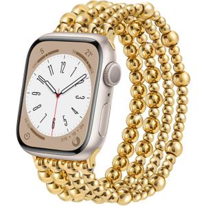 AIRSPO Gold Beaded Bracelets Compatible for Apple Watch Band 38mm 40mm 41mm 42mm 44mm 45mm 46mm Women, Fashion Handmade Dressy iPhone Watch Bands Stainless Steel Beads Elastic Strap for iWatch Series 11 10 9 SE 8 7 6 5 4 3 2 1  (38mm/40mm/41mm-S(5.3"-6.2"))
