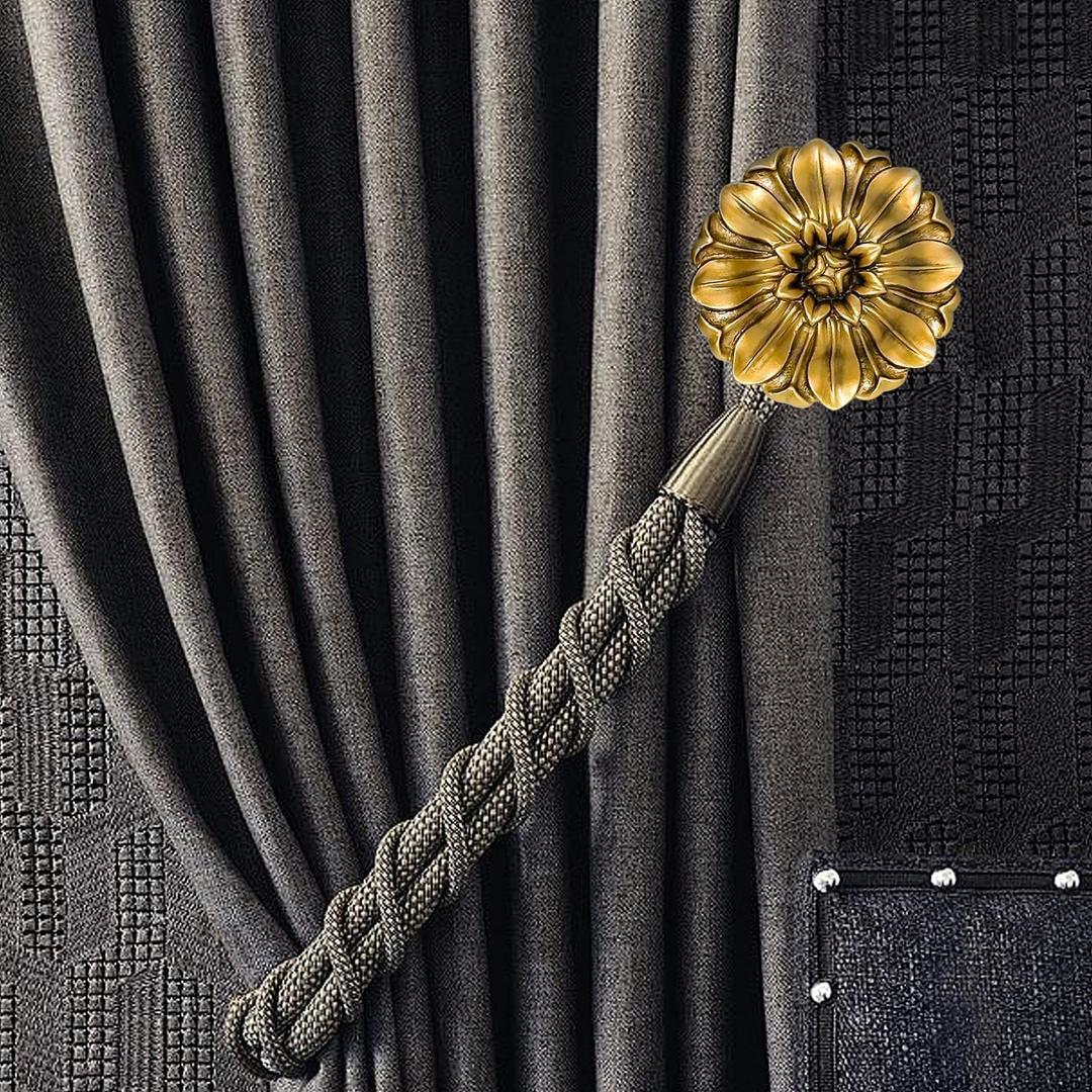 Vintage-Curtain-HoldbacksSet of 2 Curtain Tiebacks Wall Mounted with ScrewsClassic Decorative Curtain Holders for Drapes Window Treatment Holdbacks (Gold A-fbm, 3 Diameter)