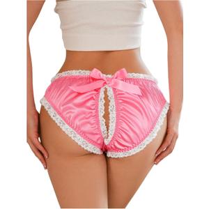 OYOANGLE Women's Satin Panties Cut Out Lace Trim Bow Briefs Cute Mid Rise Lingerie Underwear (Large, Hot Pink)