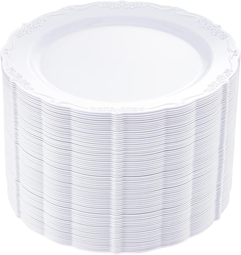 DaYammi 60PCS White Plastic Plates, Heavy Duty White Disposable Plates Premium 10inch Dinner Plates Hard Plastic Plates Disposable for Party Wedding Bridal Shower (60pcs Dinner, A White)