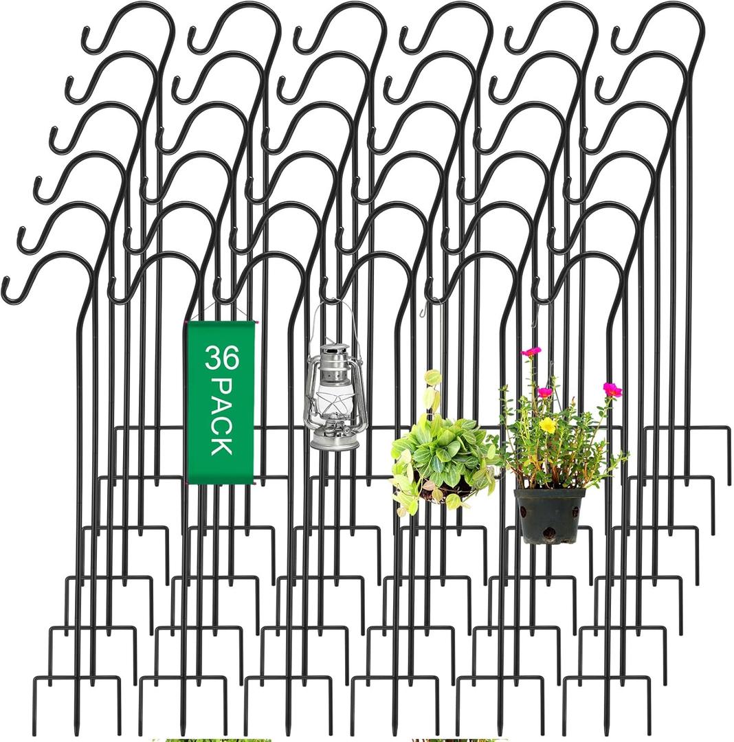 Suzile 36 Pcs Curled Shepherd Hook Outdoor 32'' Tall 1/3 Inch Thick Adjustable Metal Hanging Plant Garden Rust Resistant Bird Feeder Hooks for Baskets Solar Lights Wedding Christmas Black