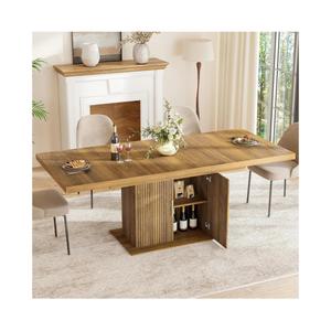 Zevemomo 62.99"-78.74" Expandable Dining Table with Storage, Extendable Dining Table for 6-10 People, Extra Hidden Storage for Tableware & Wine, Modern Farmhouse Table for Kitchen Living Room-Brown
