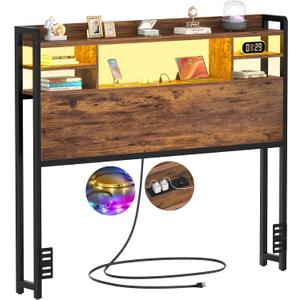 Aheaplus Headboard for Twin Size Bed with Storage, Headboards with LED Light, Power Outlets, USB Ports Twin Size Head Board, Wood headboard Only Sturdy and Stable Headboards, Rustic Brown