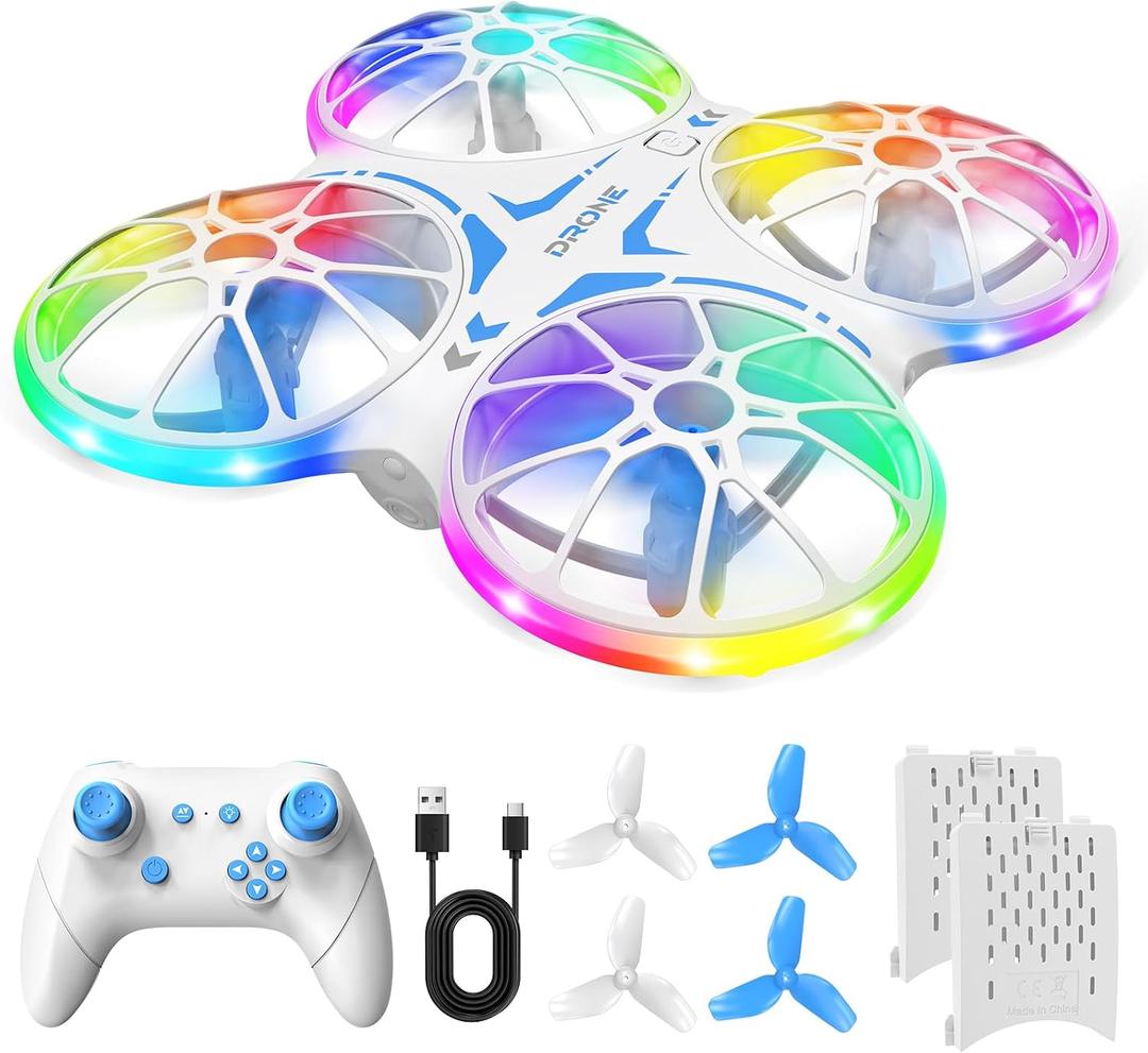 Mini Drones For Kids Beginners - With LED Lights And 2 Batteries, Remote Control RC Quadcopter with Altitude Hold and 3D Flips,Full Propeller Protect,Boys Toys Gifts(Blue)