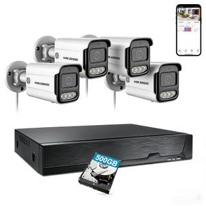 HIKJBSET 8CH 5MP Home Security Camera System, 4 x PoE IP Cameras with Person Detection, 500GB HDD for 24/7 Recording, Two-Way Audio,100ft Night Vision, IP66 Weatherproof, No Monthly Fees