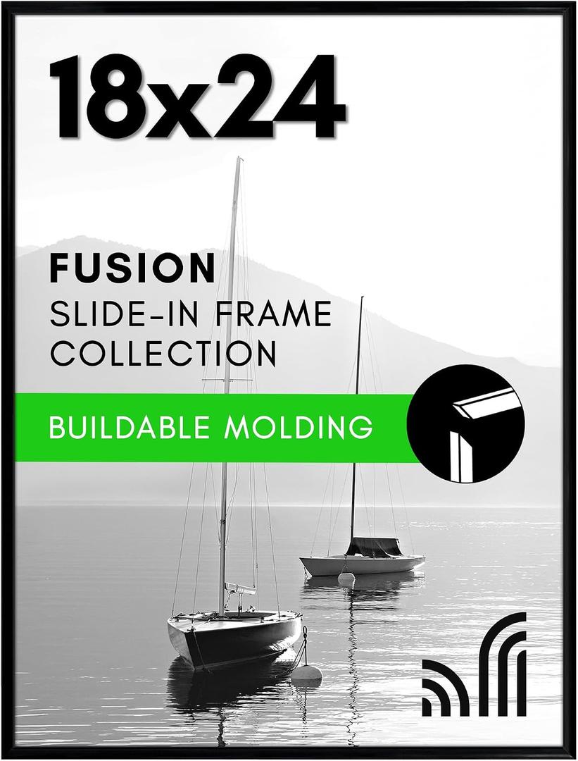 Americanflat 18x24 Poster Frame with Polished Front Cover - Slide-In Photo Frame with Buildable Molding - Fusion Collection - Picture Frames for Wall Display - Black