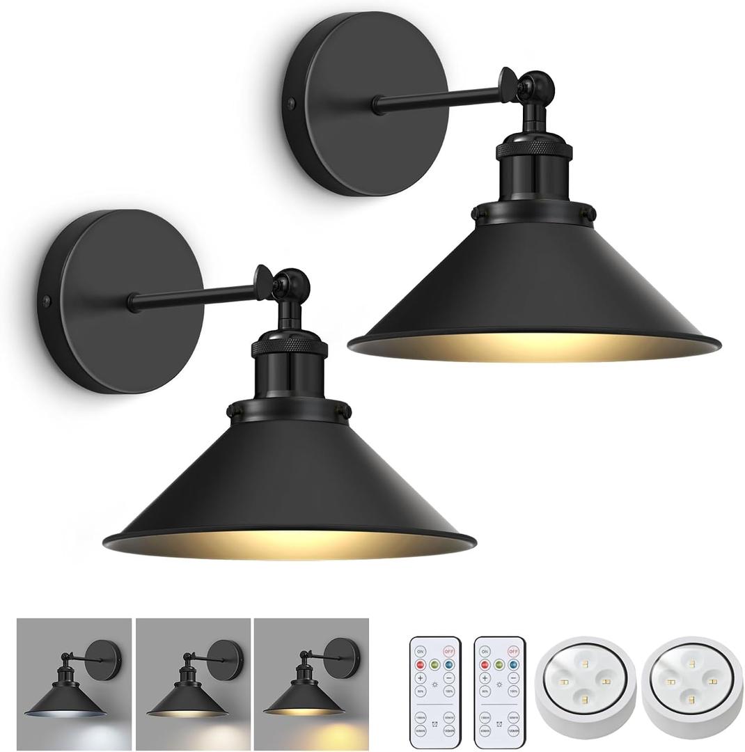 Battery Operated Wall Sconce Set of 2,Vintage Sconces Wall Decor Set of 2 with Remote,Dimmable Wall Lights for Living Room,Wall Lamp Fixture Indoor Bedroom Farmhouse Gallery Kitchen,Black